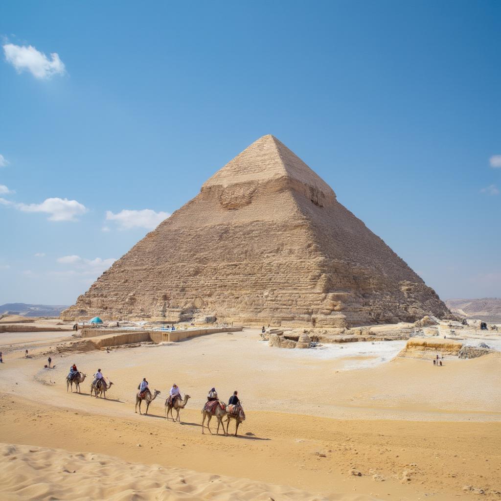 The Great Pyramid of Giza standing tall in the Egyptian desert, a testament to ancient engineering.