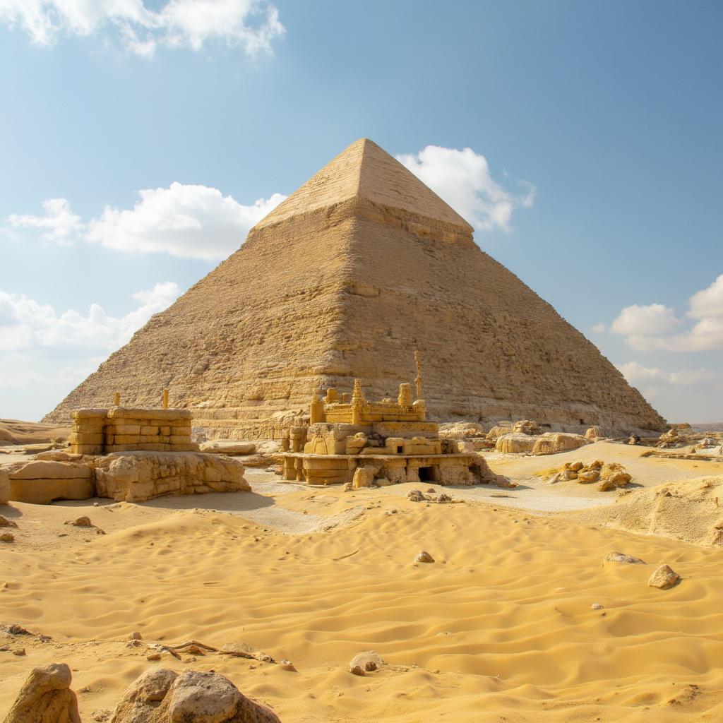 The Great Pyramid of Giza, a massive stone structure, is illuminated by the sun on a clear day