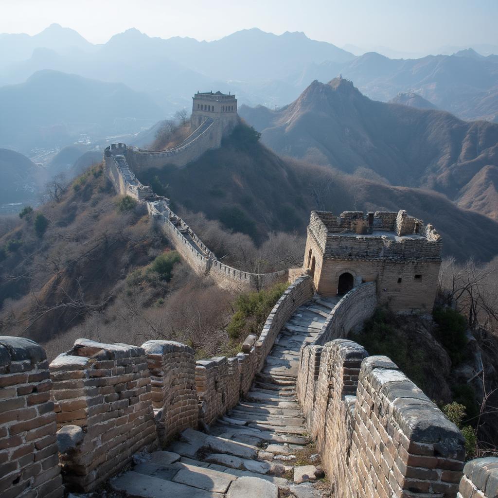 The Great Wall of China snaking across mountains - a wonder of the world.