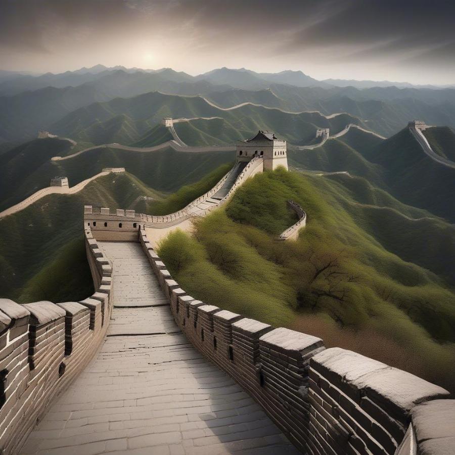 The Great Wall of China winding through the mountainous landscape, a testament to ancient engineering.