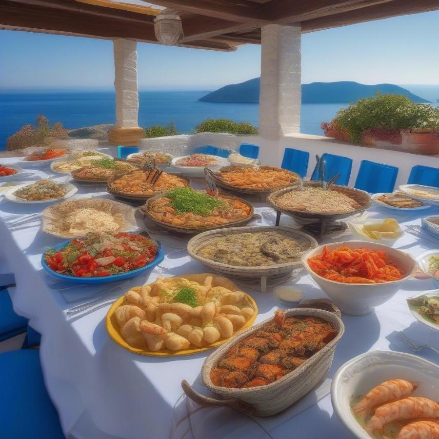 Fresh seafood and traditional Greek dishes served on a table overlooking the sea