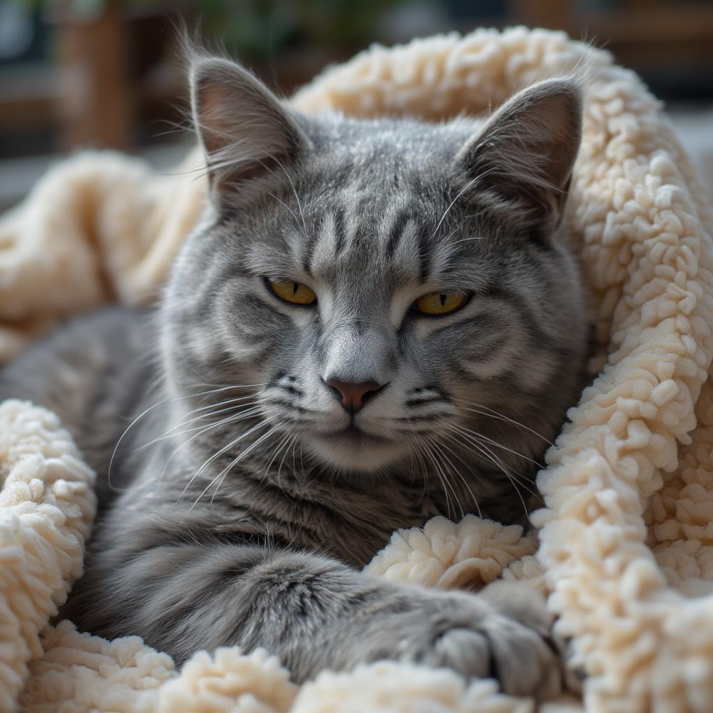 A grey cat relaxing on soft blankets