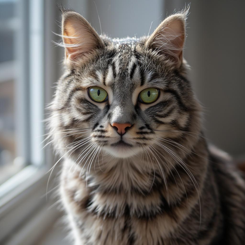 Grey Tabby Cat Posing Majestically on a Window Sill