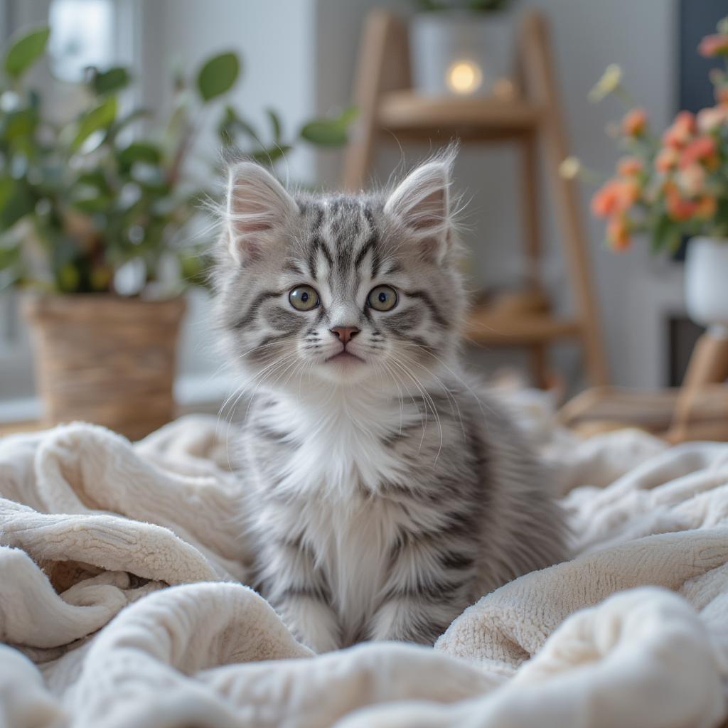 grey white kitten in new home