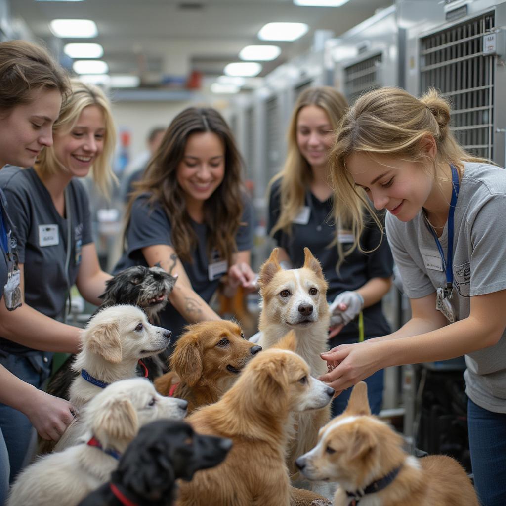 group of volunteers caring for rescued animals