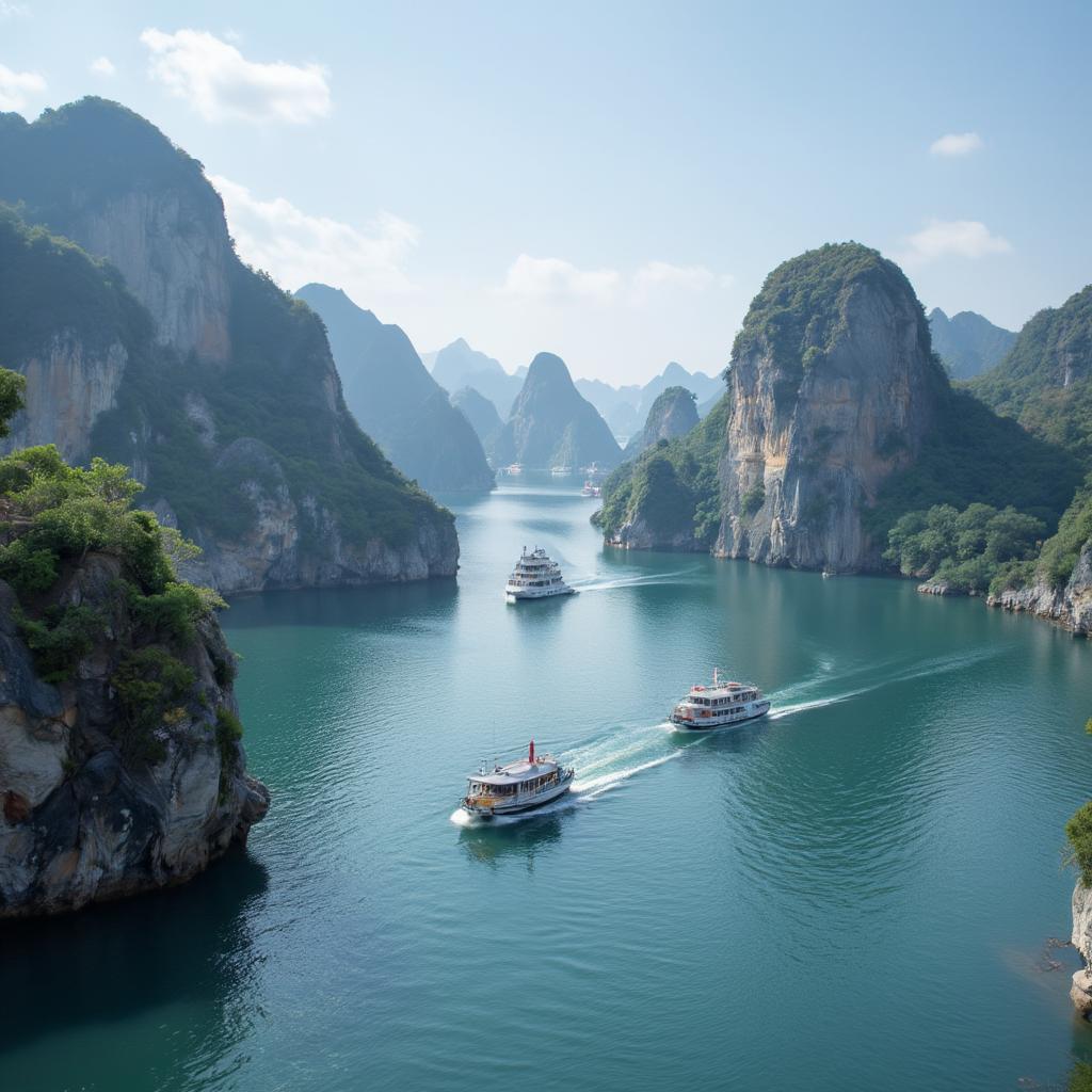 Ha Long Bay limestone pillars rising from emerald waters in Vietnam