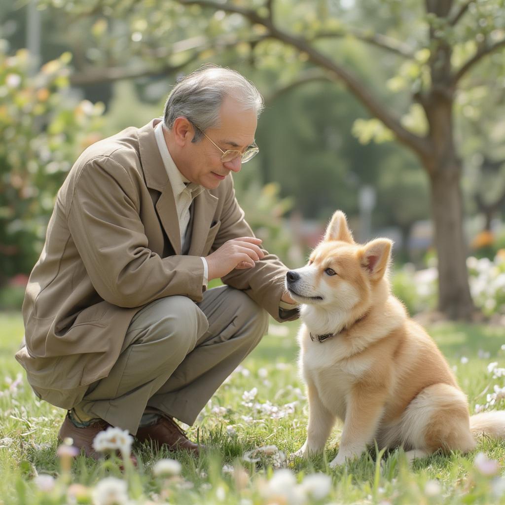 A heartwarming illustration of Hachiko and Professor Ueno together.