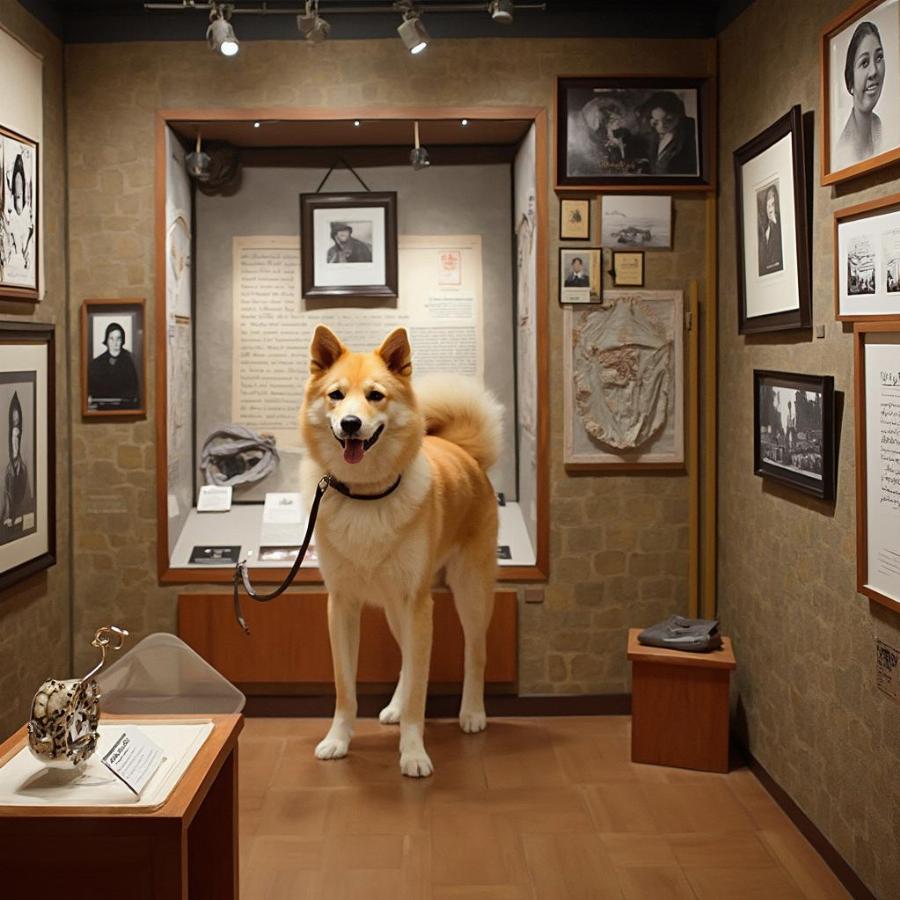 Artifacts and photos from Hachiko's life displayed in a museum