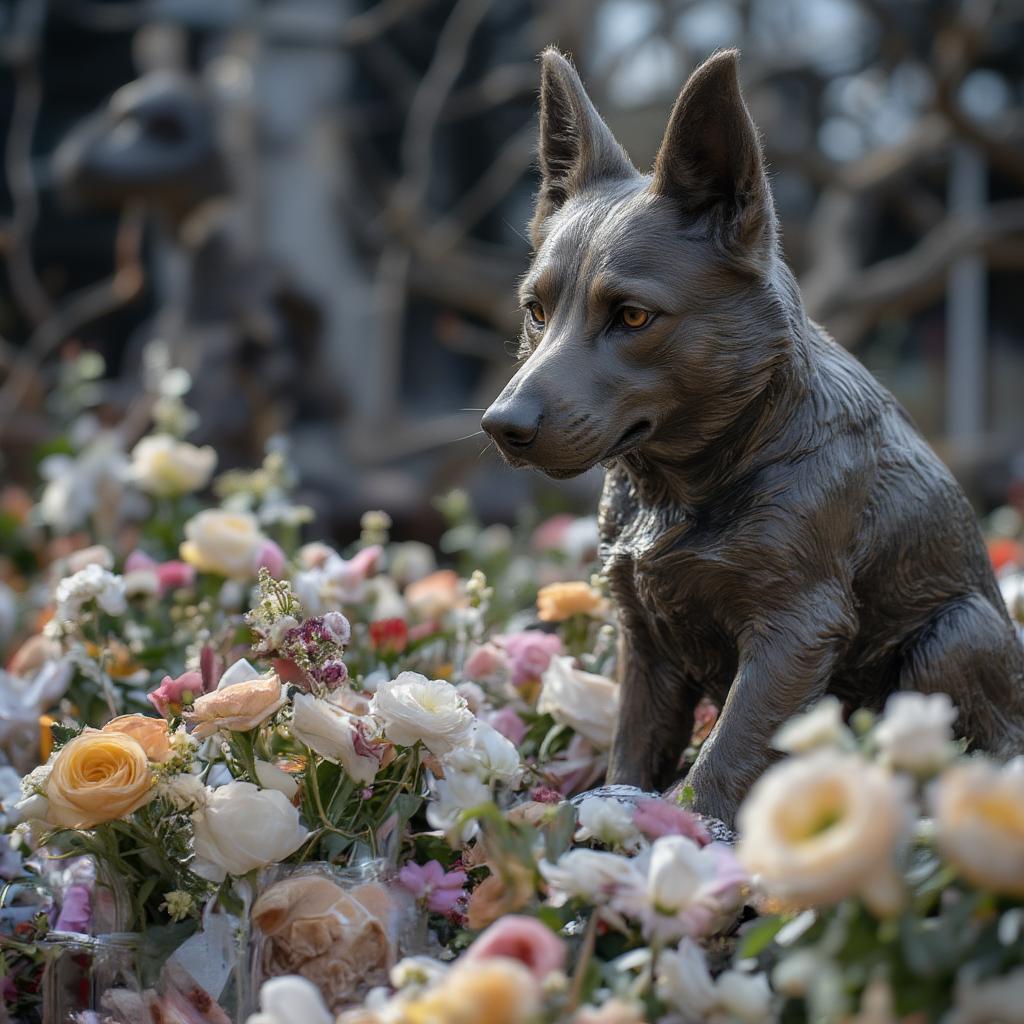 Close-up view of Hachiko's statue decorated with fresh flowers and treats