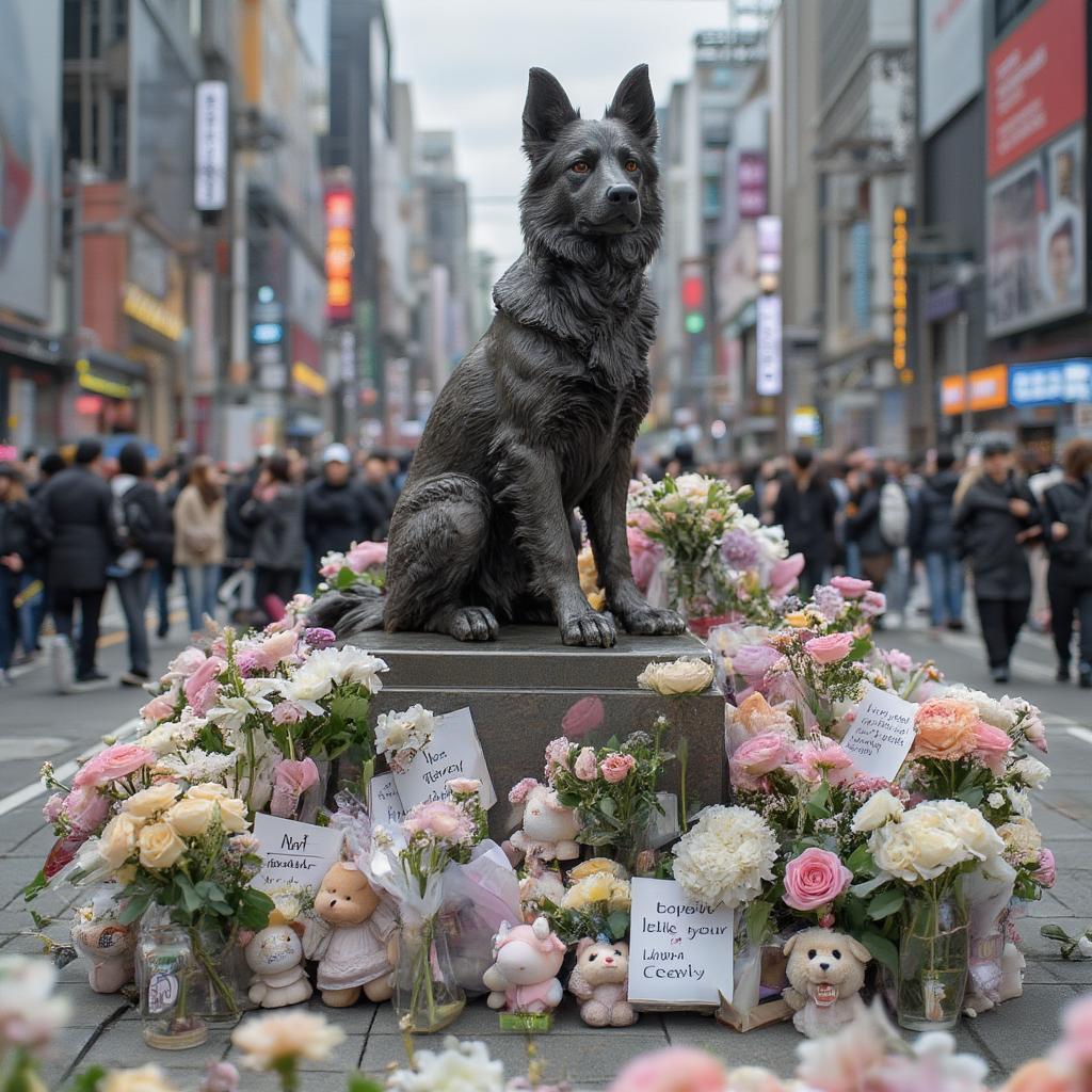 hachiko statue with flowers and offerings