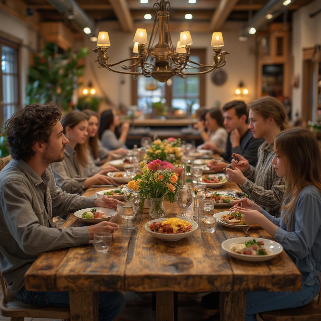 Handcrafted Wooden Dining Table: Family Gathering Around a Rustic Table