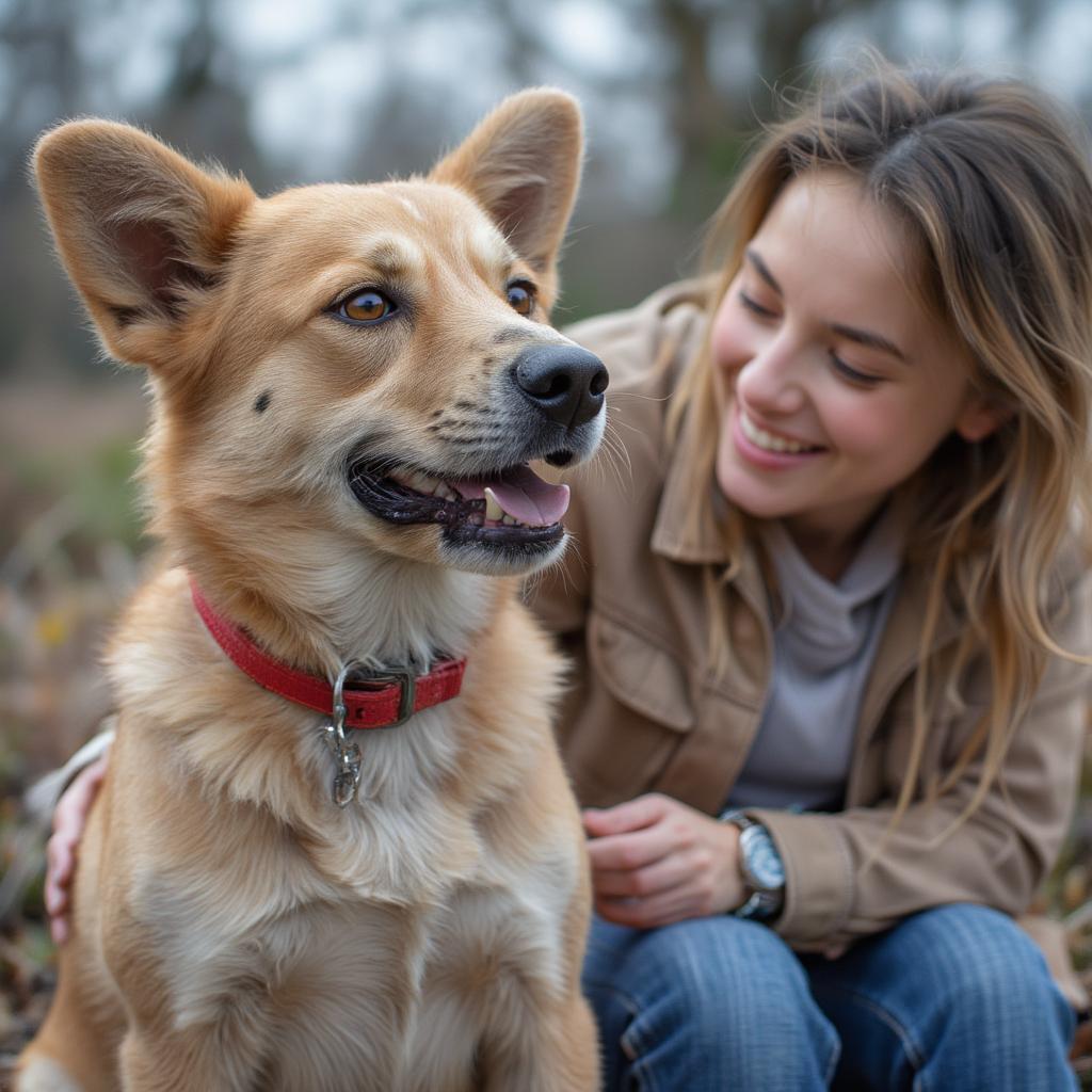 A happy dog on adoption day looking up at his new owner