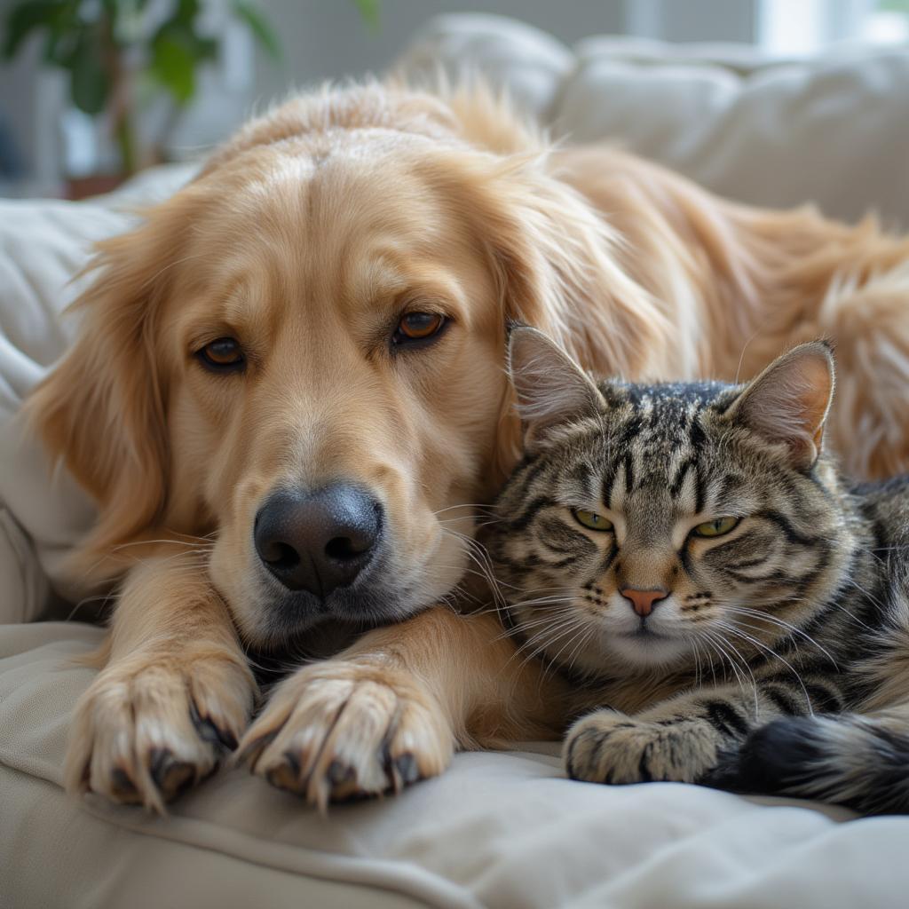 happy dog and cat together sleeping on a couch