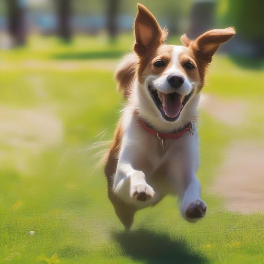 A happy dog playing fetch in a park