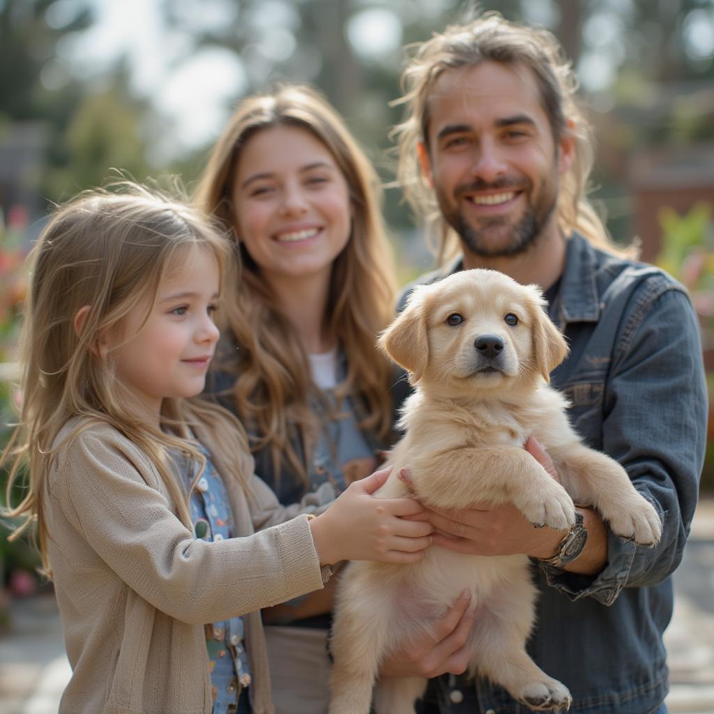 Happy family adopting their new puppy