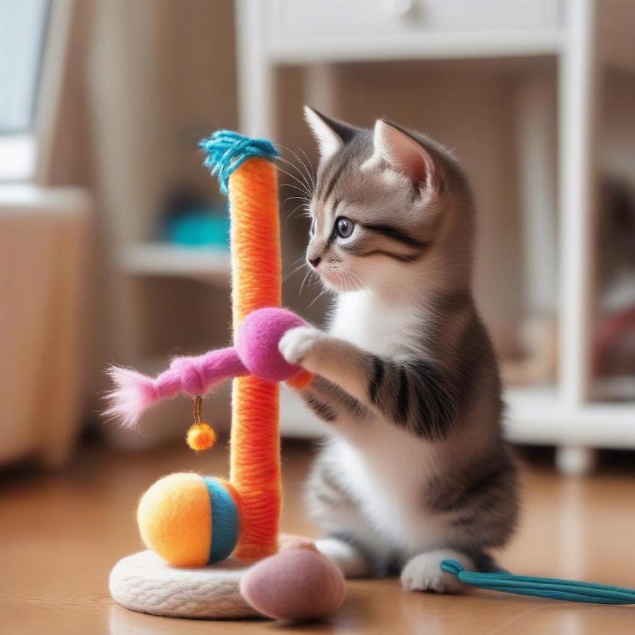 Happy Kitten Playing Toys:  A playful kitten engages with colorful toys, illustrating the importance of providing a stimulating environment for feline companions.