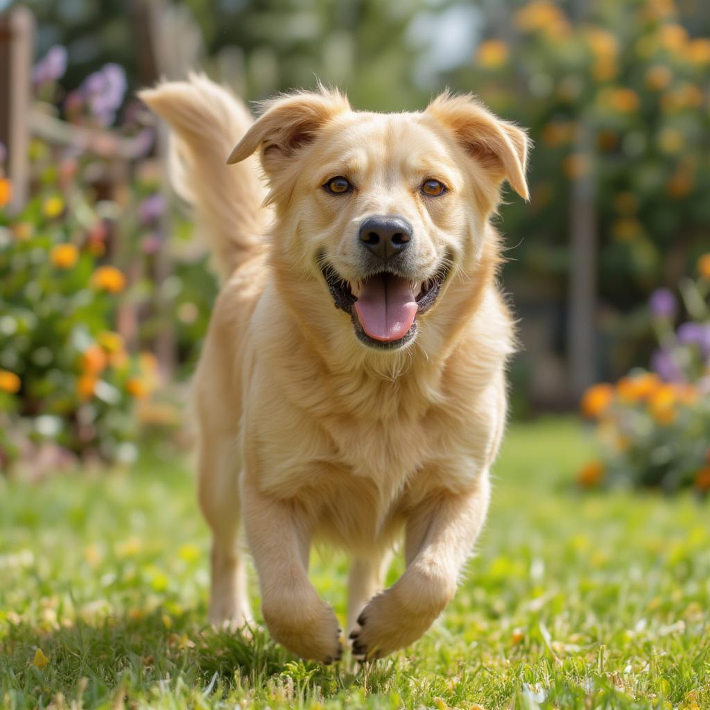 A happy rescued dog playing in its new home