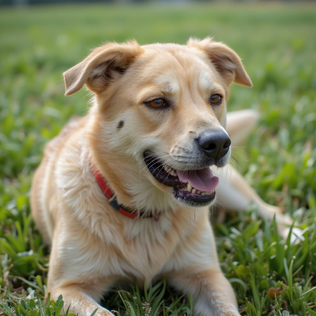 happy rescued dog lying in grass