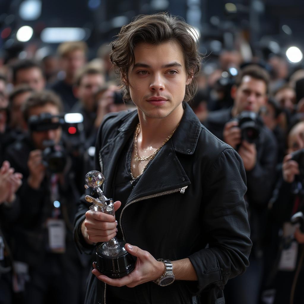 Harry Styles accepting an award on stage