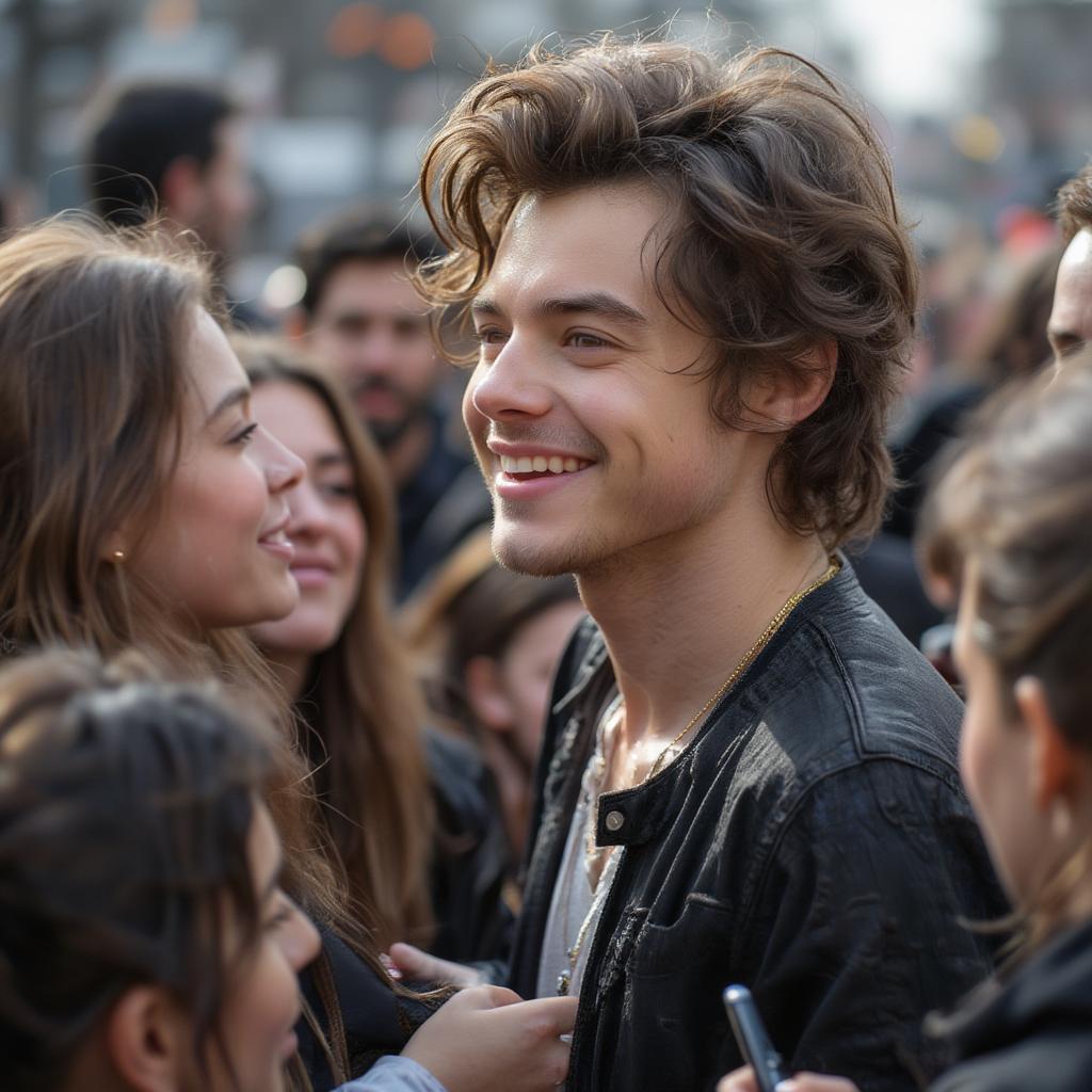 Harry Styles interacts with fans during a meet and greet