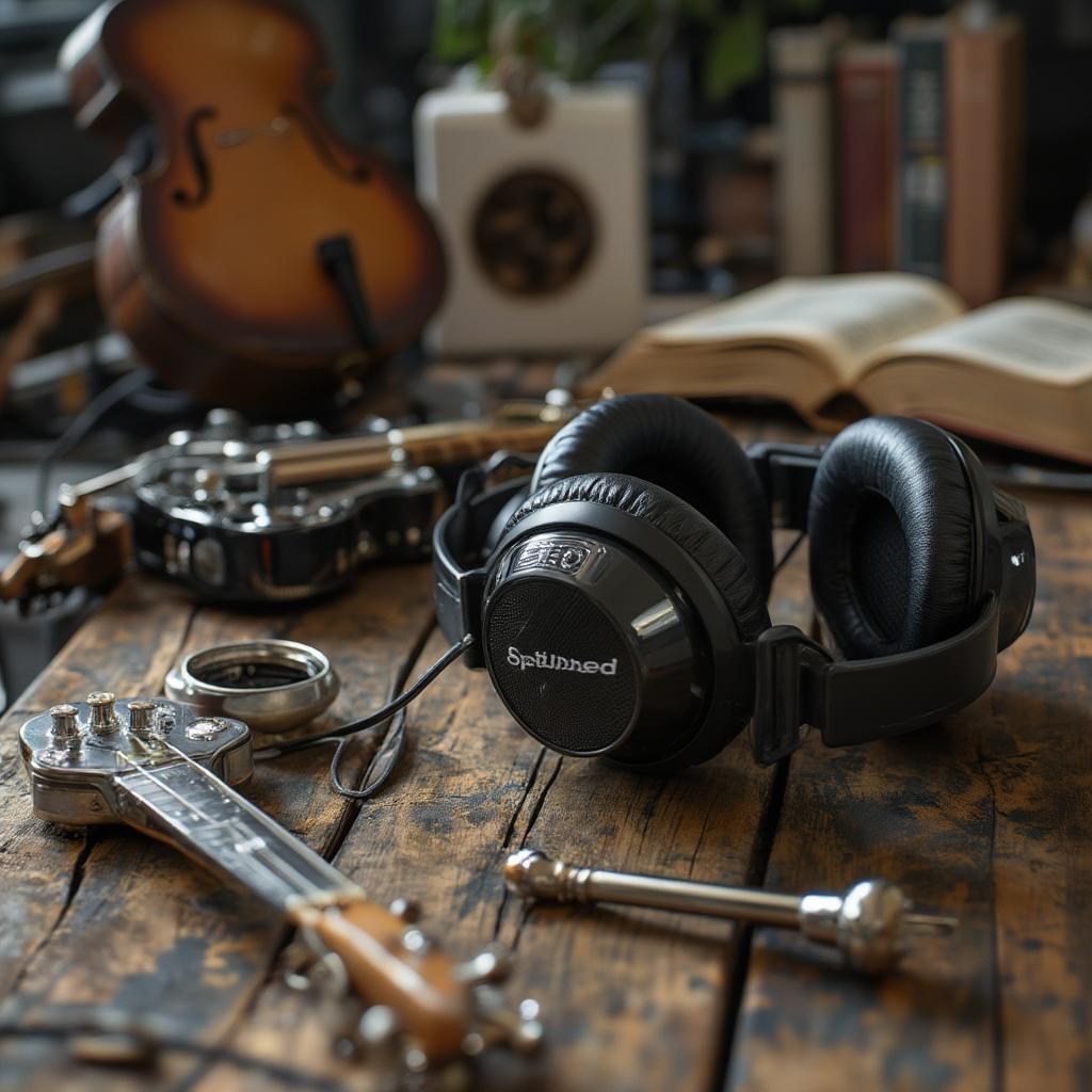 Headphones on a wooden table surrounded by music-related items, illustrating listening to music