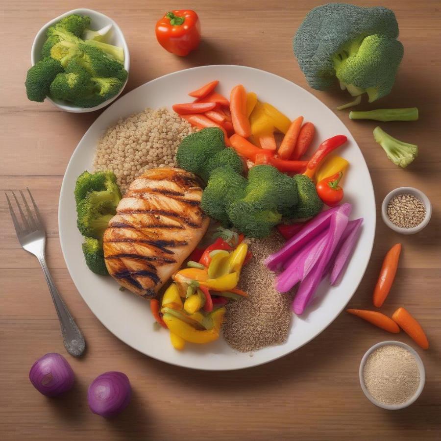 Healthy food choices for flat stomach: A plate with grilled chicken, vegetables, and quinoa.