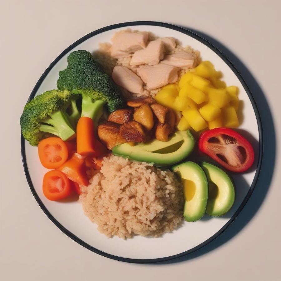 A balanced meal plate with fruits, vegetables, lean protein and complex carbohydrates.