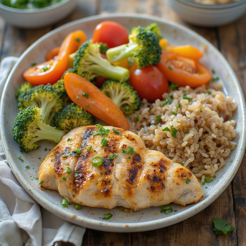 Plate of healthy foods for belly fat reduction including lean protein, vegetables, and whole grains.