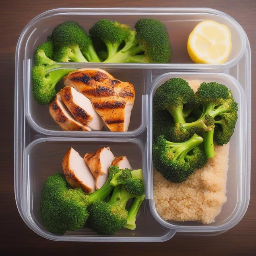 A healthy meal prep container with vegetables and lean protein, promoting portion control and healthy eating.