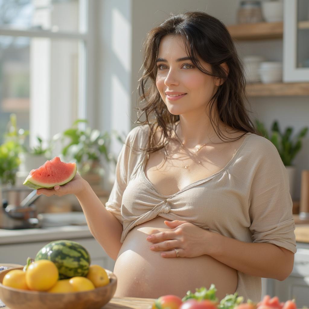 Healthy pregnant woman eating fruit