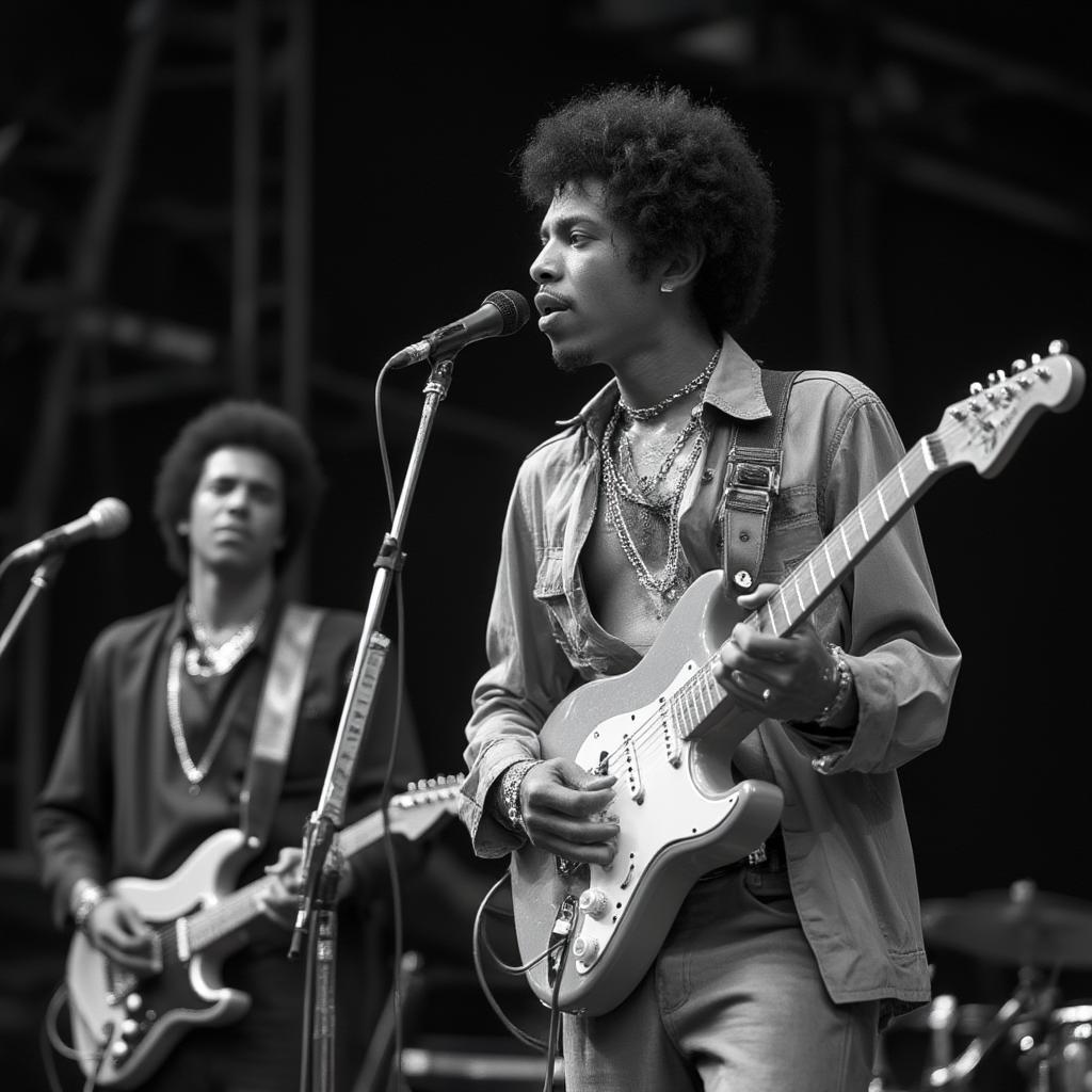 A black and white photo of a young Jimi Hendrix playing guitar behind Little Richard.