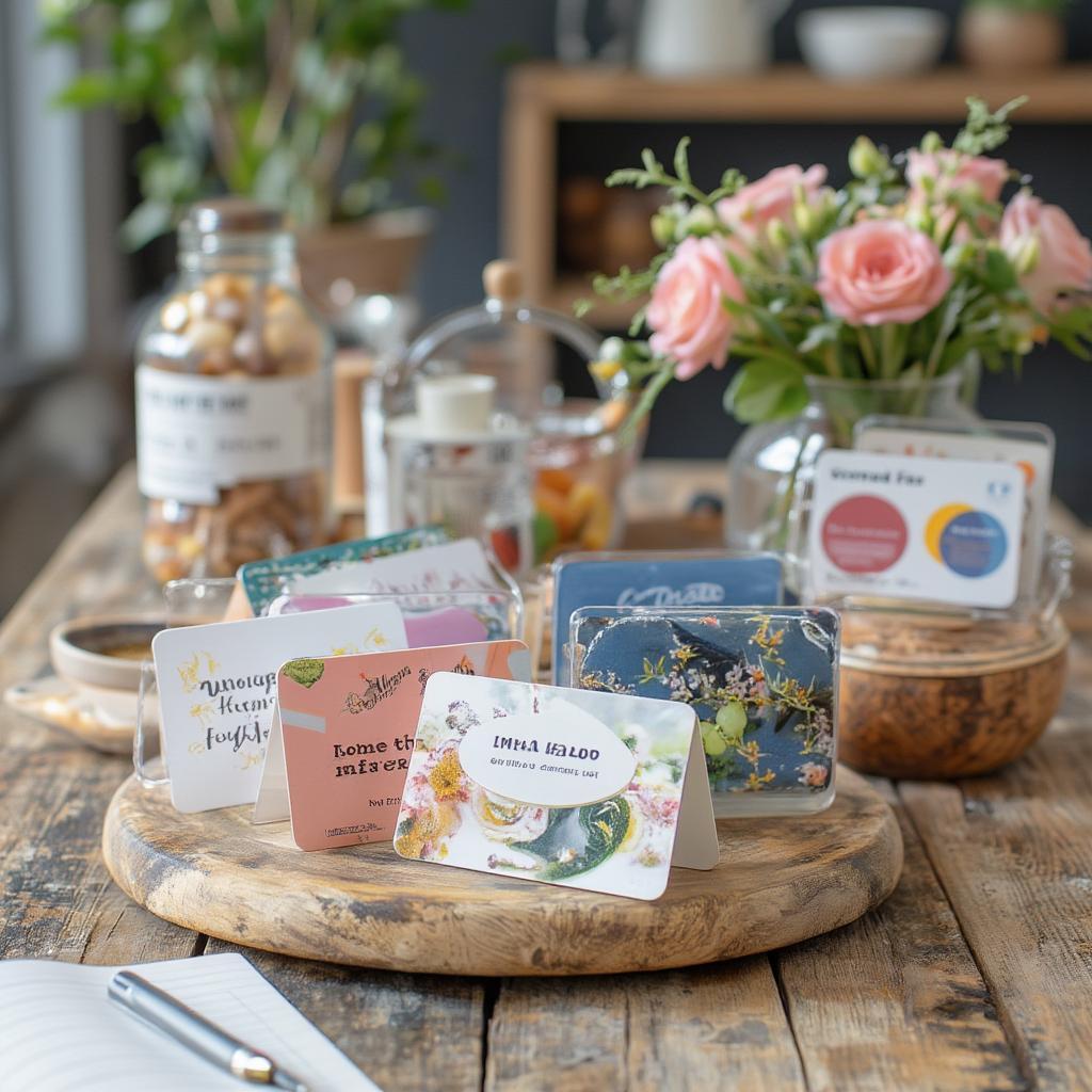 various home gift cards on a wooden table