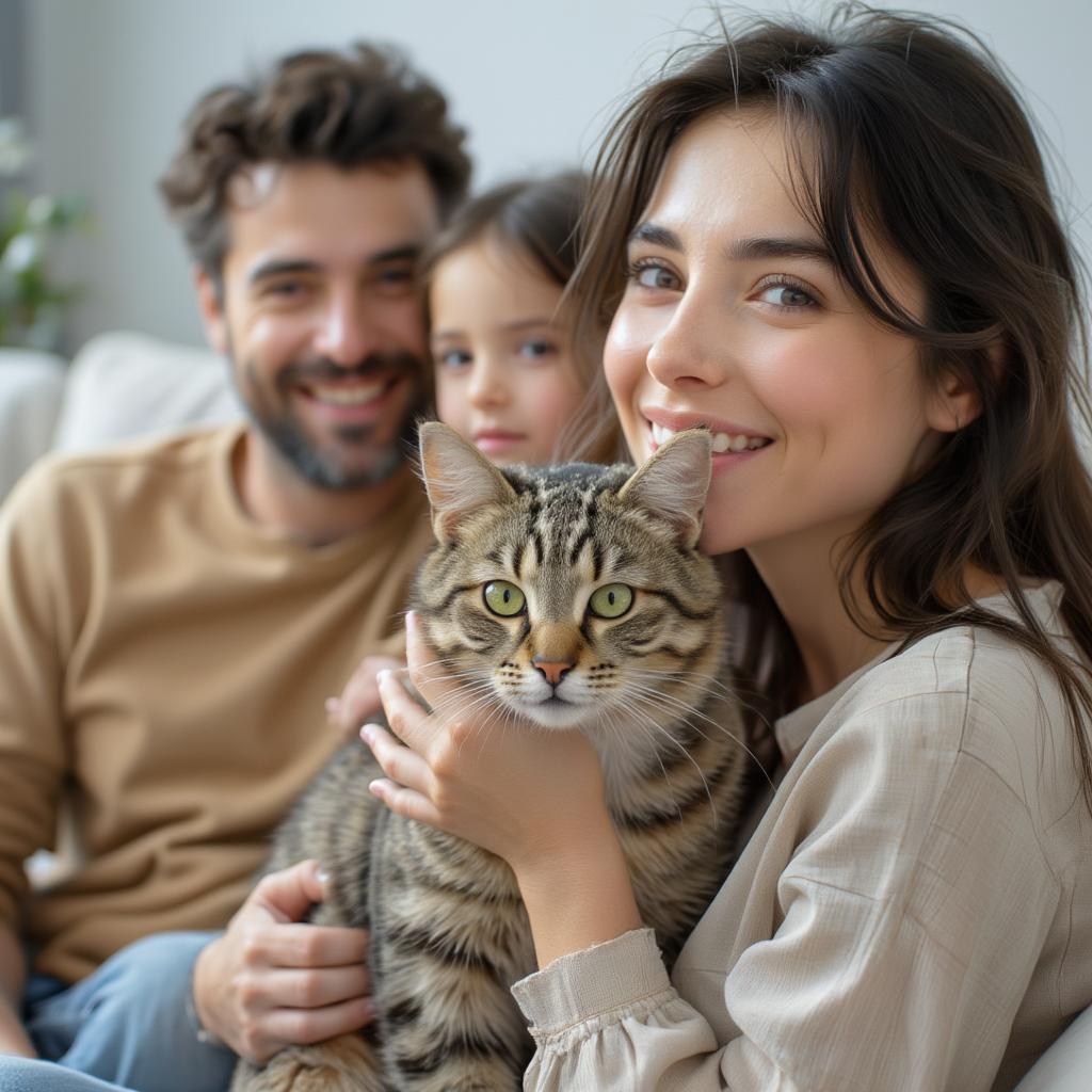 A family smiles while holding a cat, showcasing the connection between fosters and rescued animals