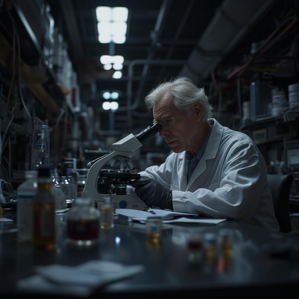 Robert Neville working in his makeshift laboratory in "I Am Legend"