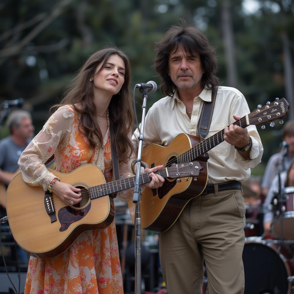 Ian and Sylvia Tyson performing folk music on stage with acoustic guitars