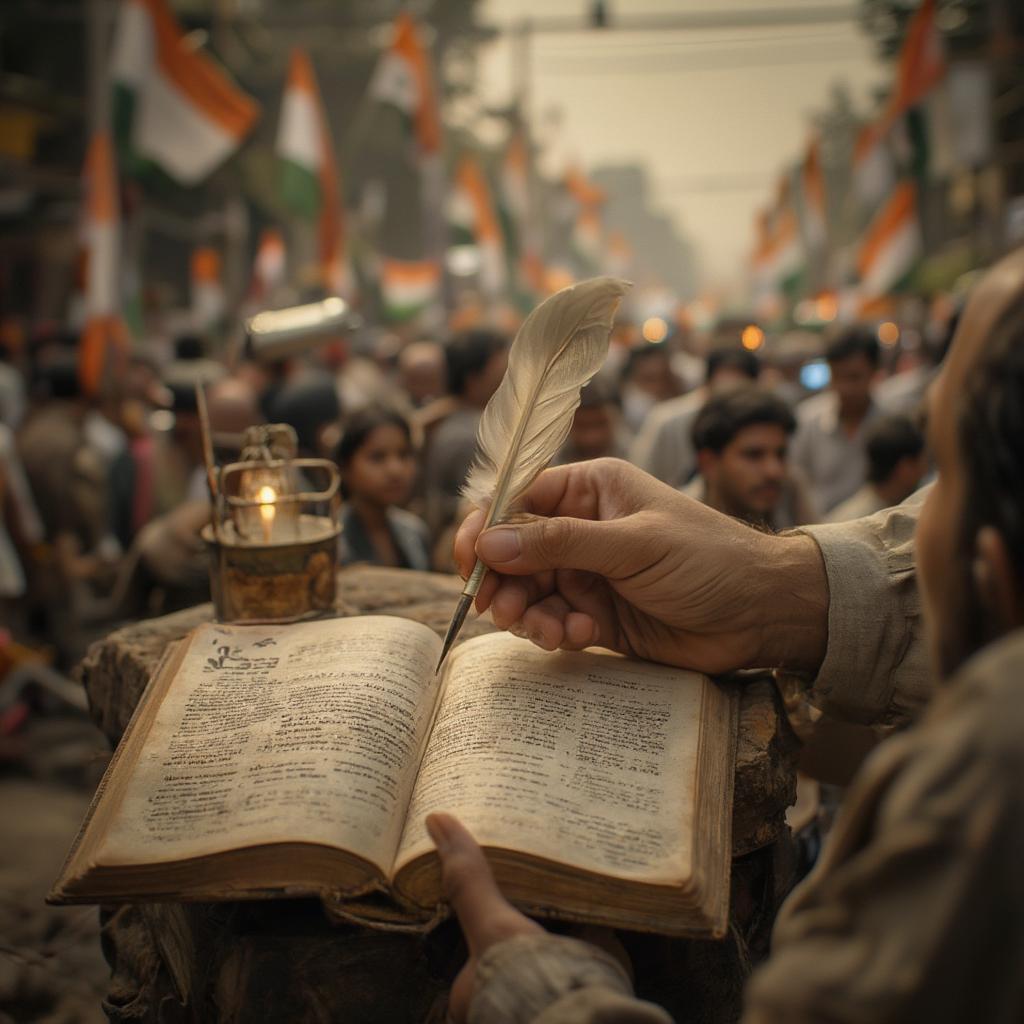 Indian Autobiography Independence Movement - A depiction of a person writing their memoirs against the backdrop of the Indian independence movement.