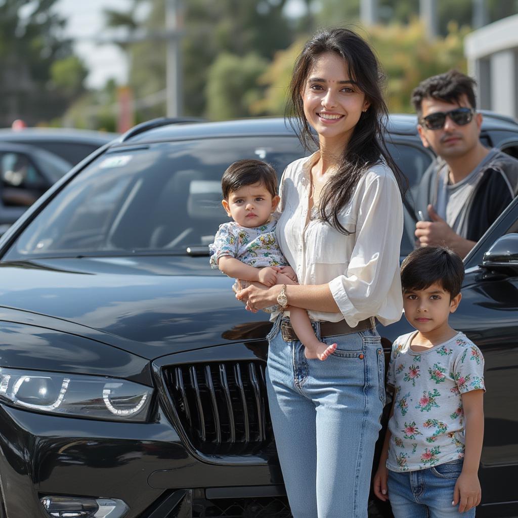 An Indian family happily buying their used luxury car at a dealership