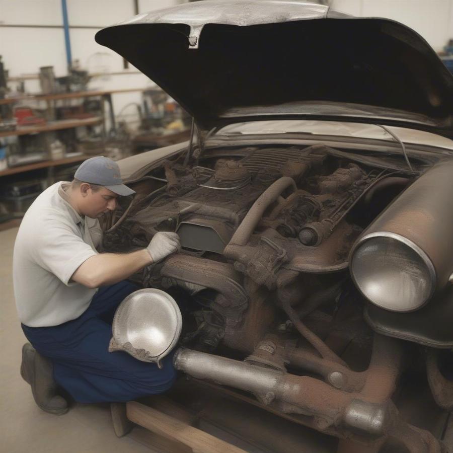 A mechanic inspecting the engine and undercarriage of a classic car.