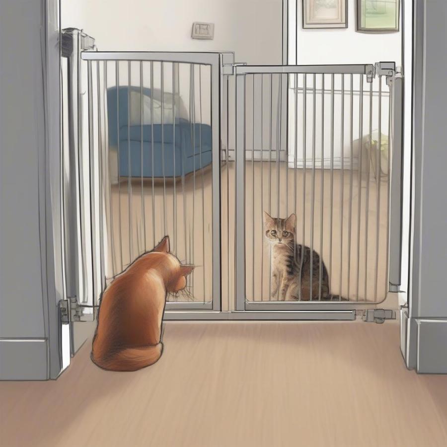 Introducing Cat and Dog Safely: This image shows a cat and a dog being introduced to each other safely, with a barrier like a baby gate separating them, allowing them to sniff and get accustomed to each other’s presence without direct contact.