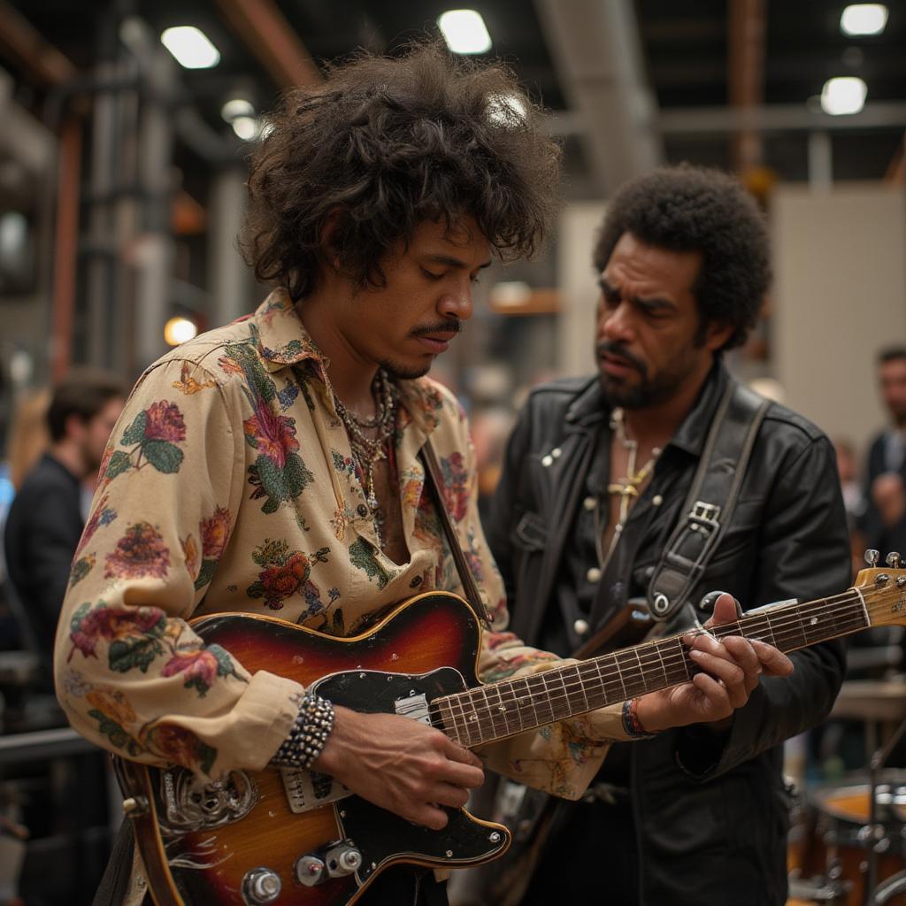 Jimi Hendrix playing guitar with intense focus while Little Richard observes from the side.