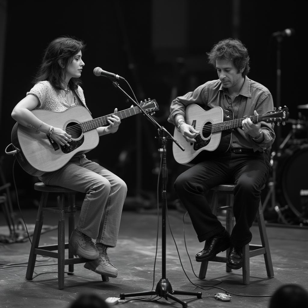 Joan Baez and Bob Dylan performing together with guitars