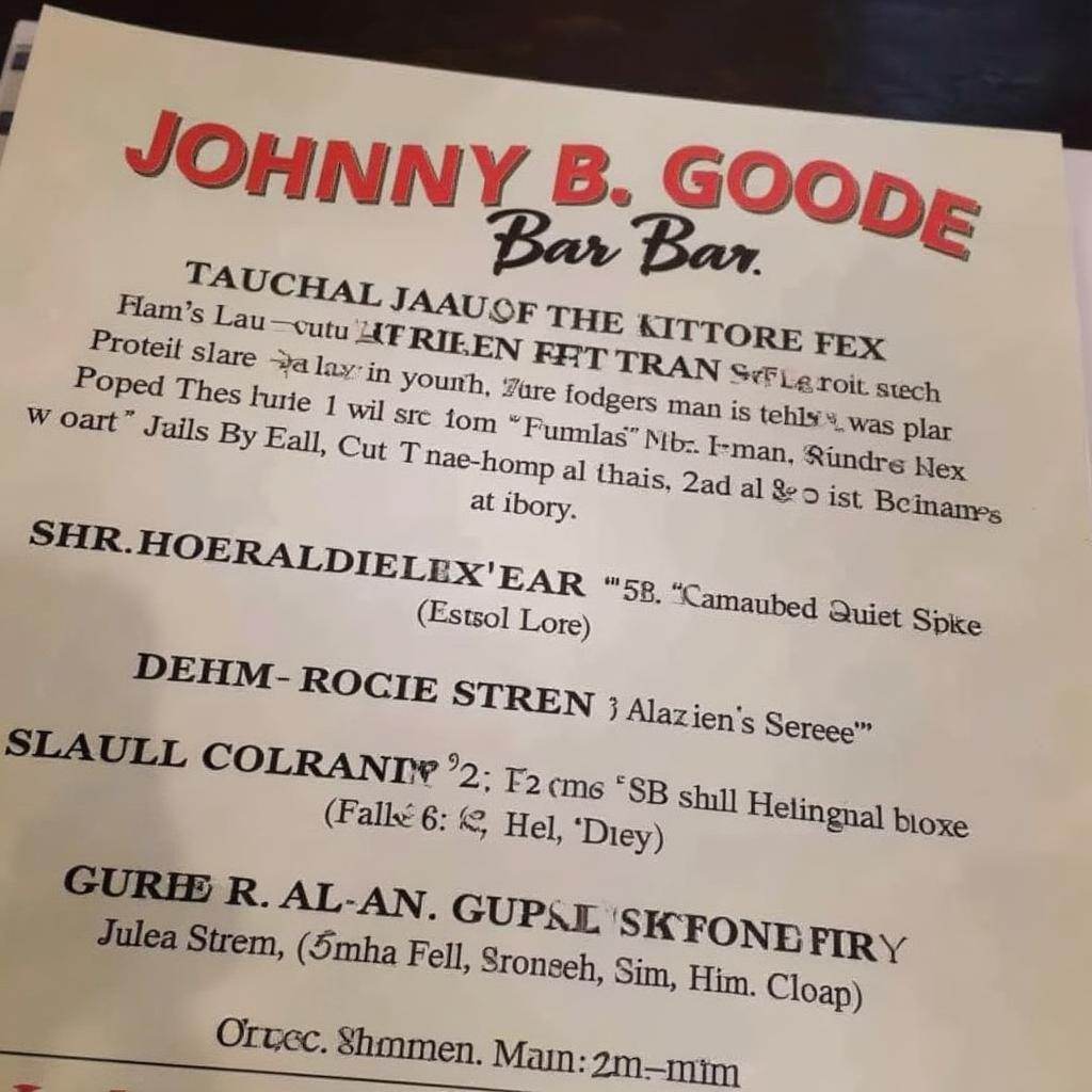 Johnny B. Goode Bar Menu with Rock 'n' Roll Themed Food and Drinks