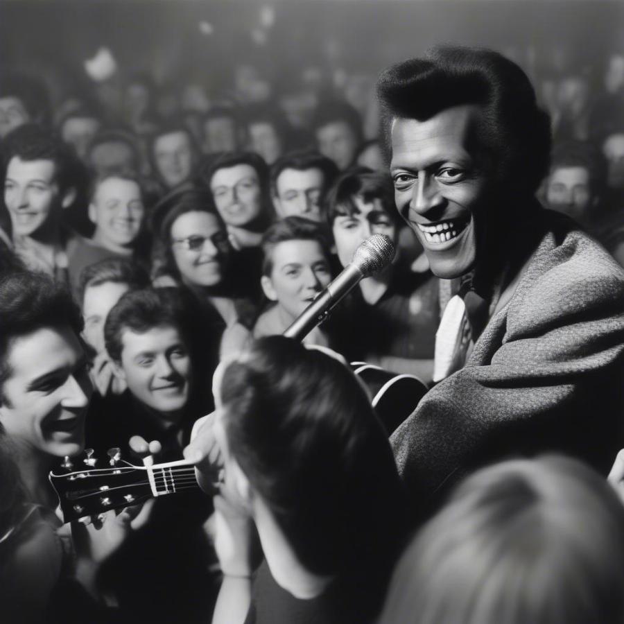 Chuck Berry interacting with the audience during a Johnny B. Goode performance