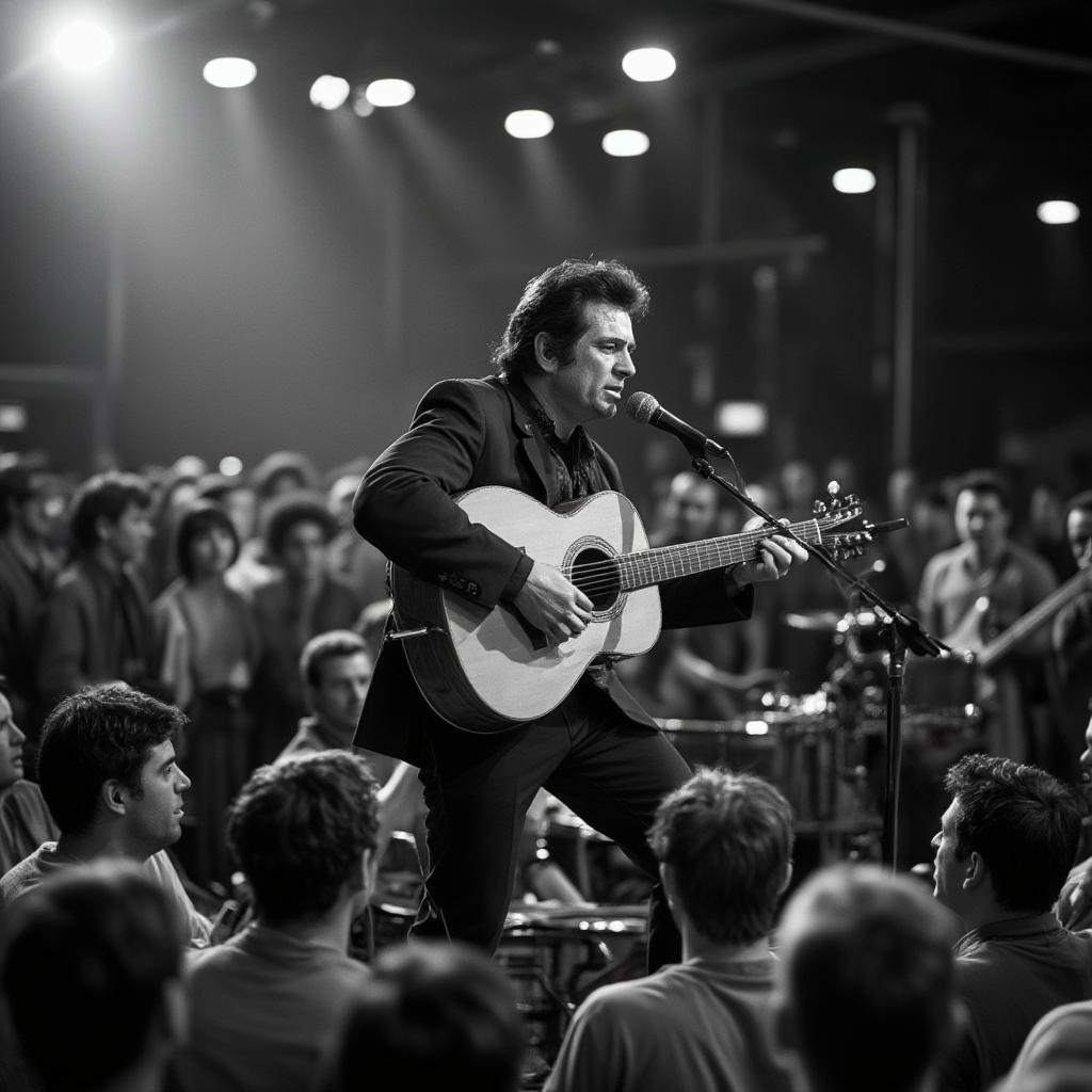 Johnny Cash and his band performing live at Folsom Prison, capturing the raw energy and emotion of the historic concert.