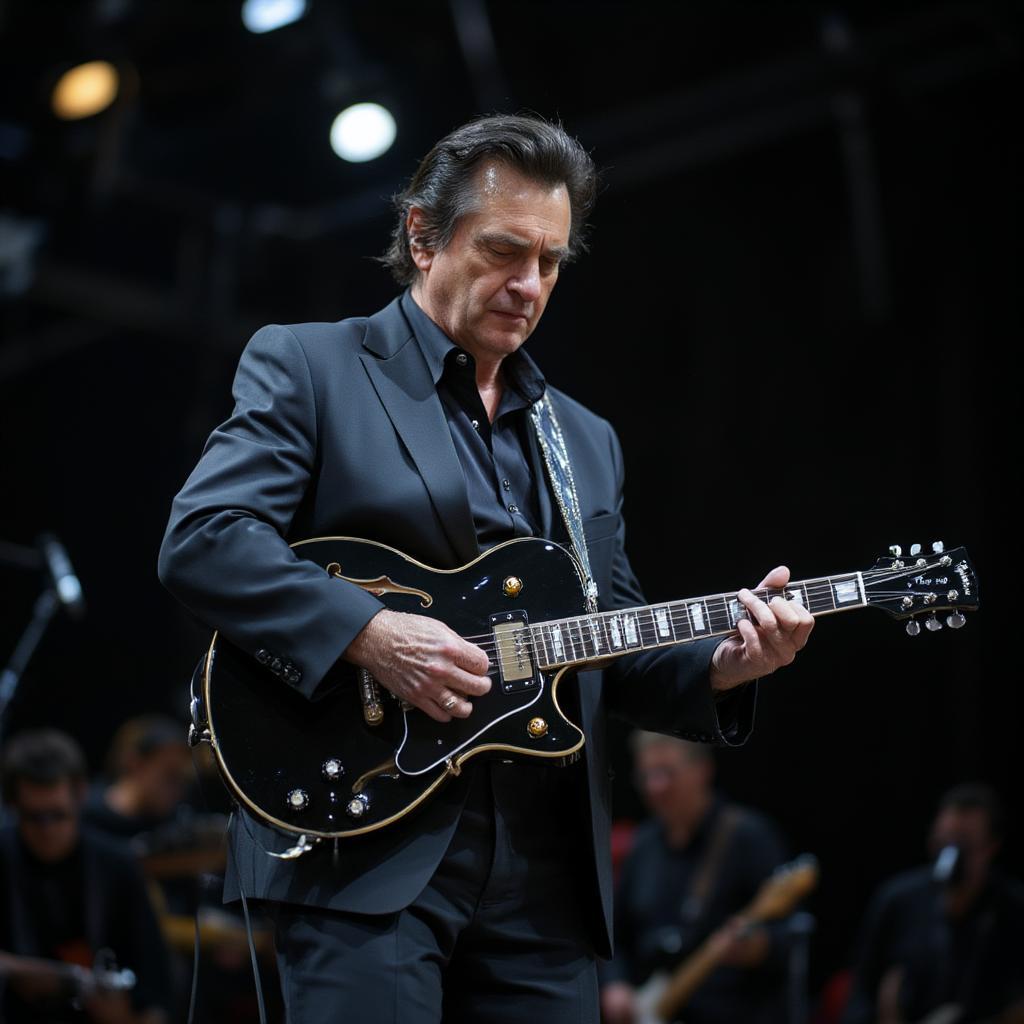 Johnny Cash playing a black Telecaster guitar onstage