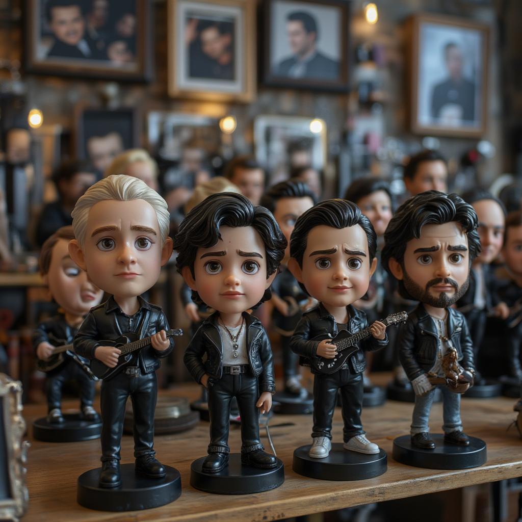 A collection of Johnny Cash bobbleheads on display.