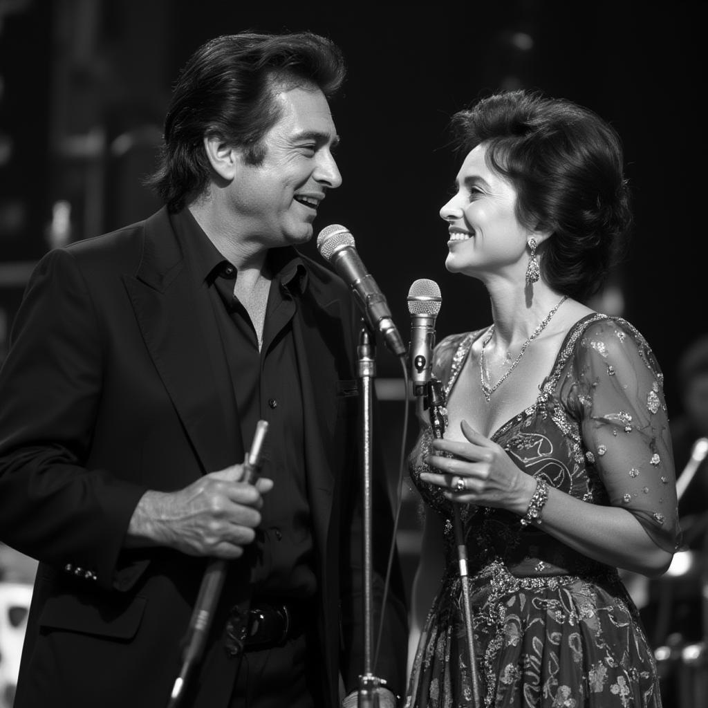 Johnny Cash and June Carter singing a duet live on stage