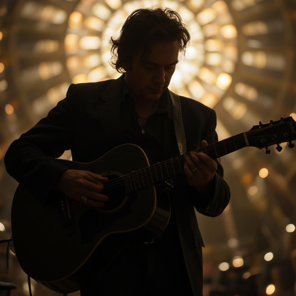 A dramatic silhouette of Johnny Cash playing guitar with a halo of light around him.