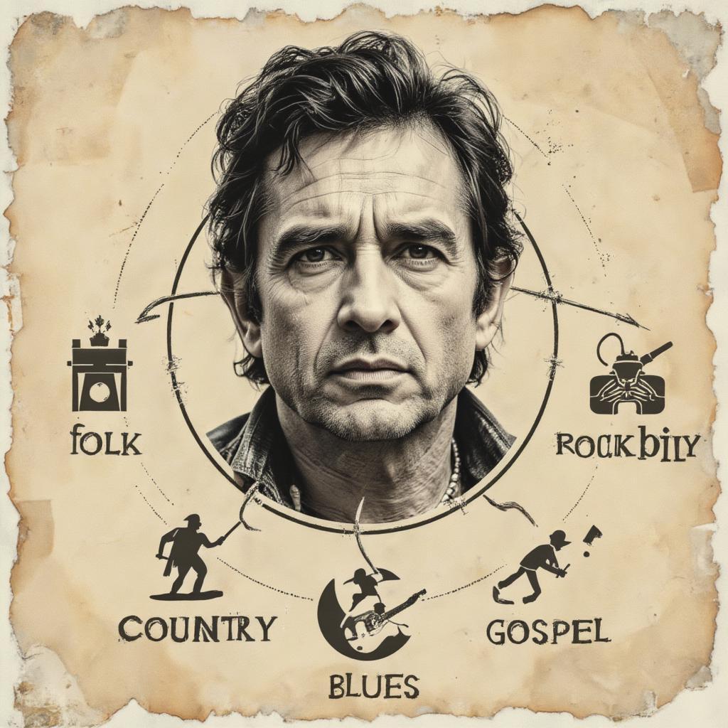 A visually captivating graphic showing the musical genres that Johnny Cash influenced with lines branching out.