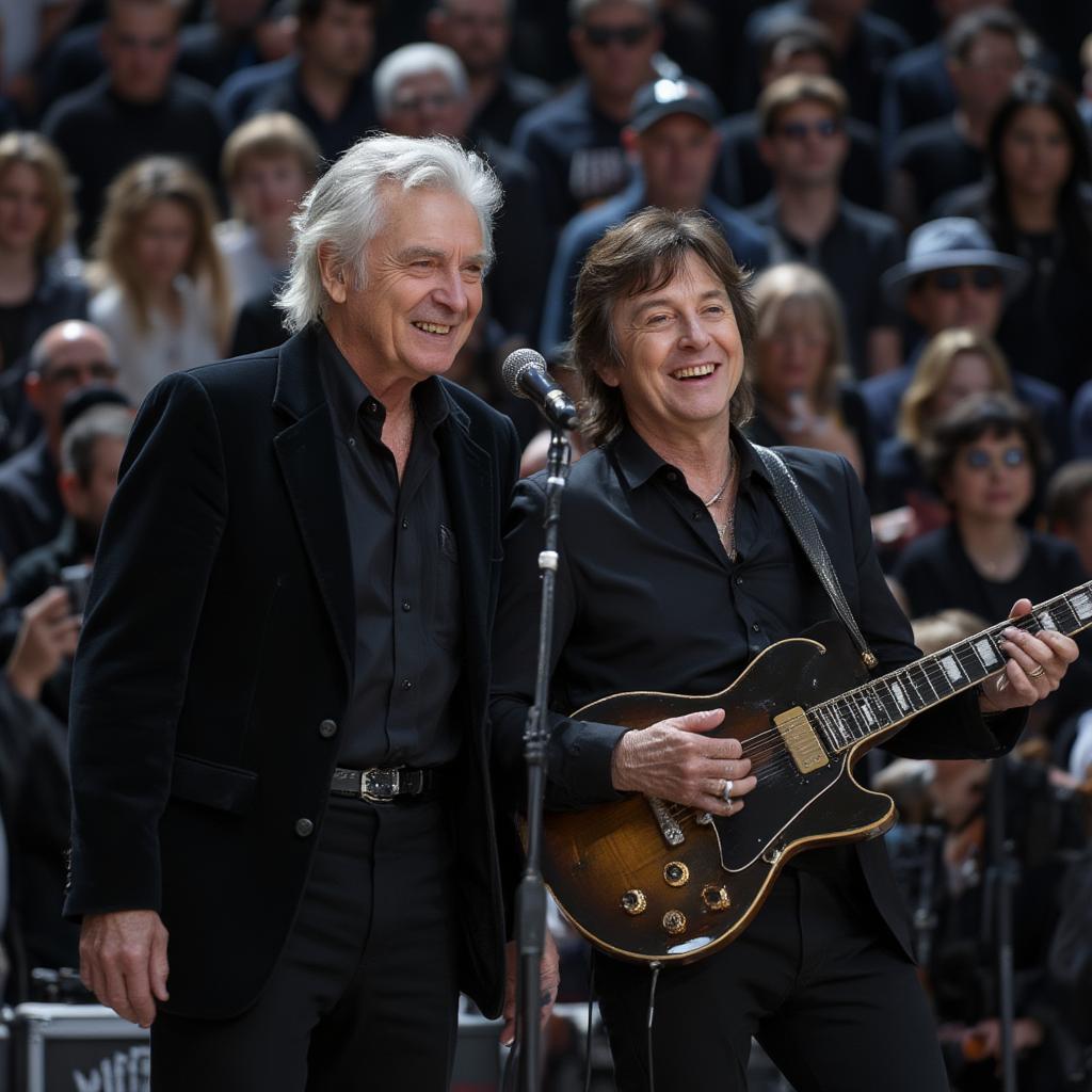 Johnny Cash and Paul McCartney performing together on stage